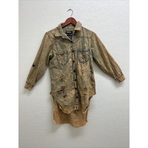 Thrill Jeans Acid Wash Distressed Denim Shirt High Low Frayed Hem Large